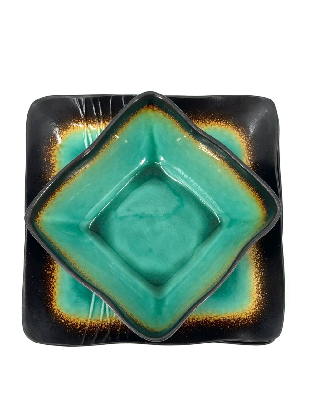 GALAXY JADE 3-Pc. Square Dip Bowl & App Plates Turquoise Crackle Stoneware